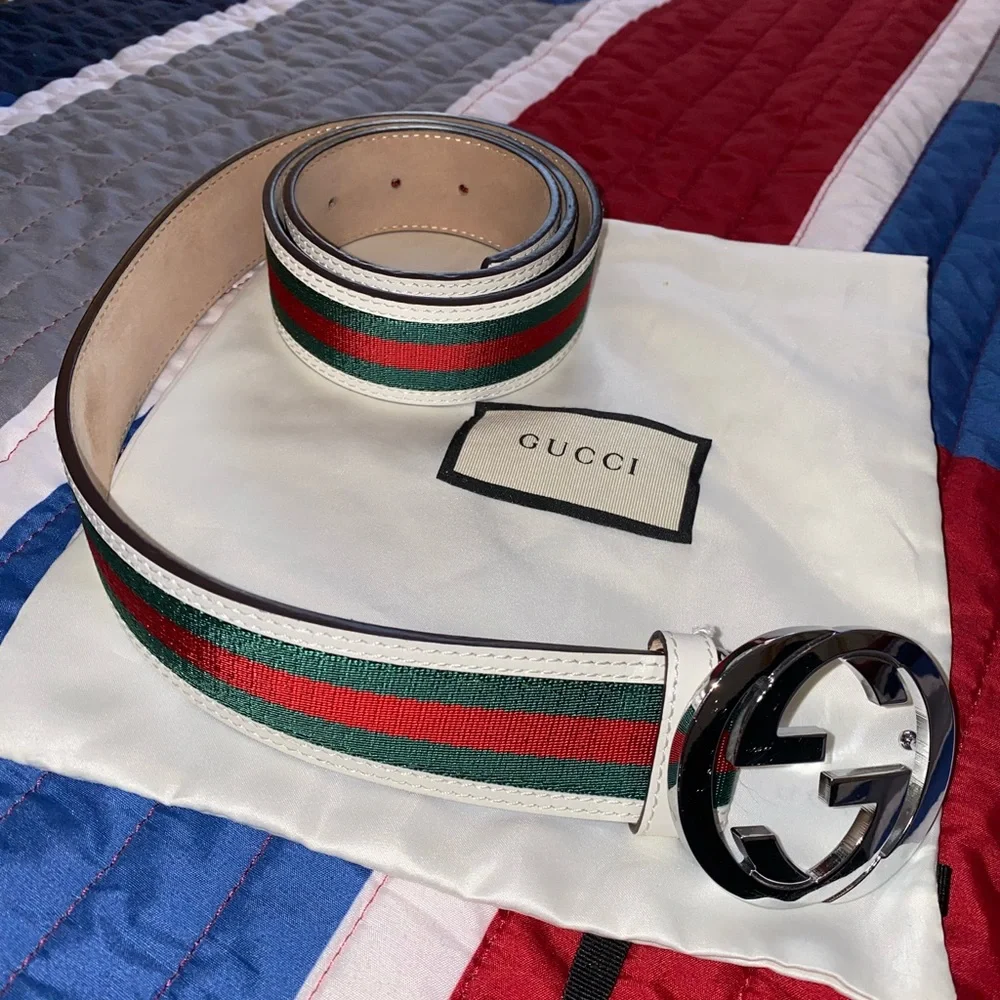 Gucci Green and Cream Web Stripe Belt with Gold Buckle Gucci | Accessories | Gucci Leather Belt With Double G  main image 4